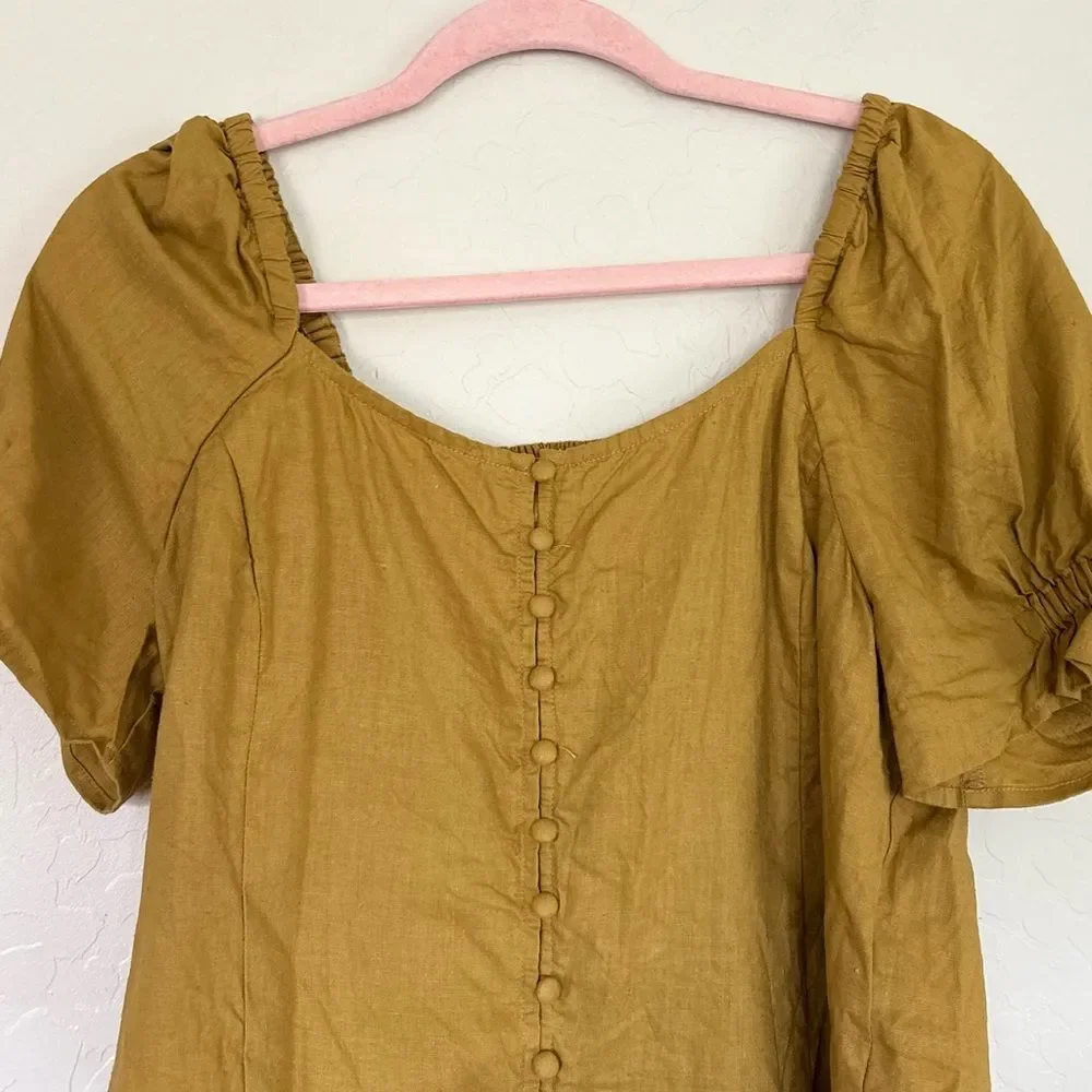 Madewell Button Front Smocked Back Hemp Puff Sleeve Top Bronze Yellow Size 6